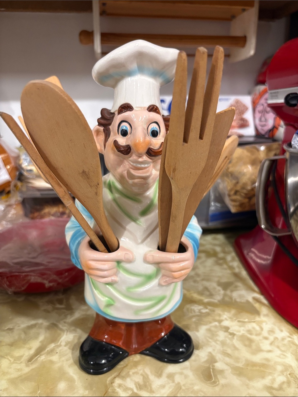 Chef Utensil Holder - White & Blue Ceramic Kitchen Chef